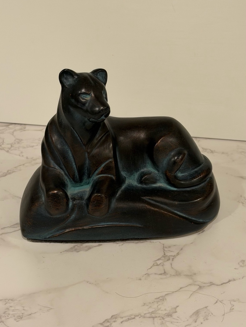 Vintage Ceramic Faux Bronze Panther / Cougar Sculpture, Art Deco Style, Heavy